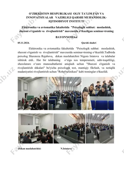 psixologik suhbat: moslashish, shaxsni o'rganish va rivojlantirish seminar-trening — DOCX
