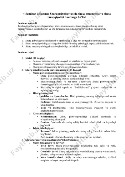 4-seminar ishlanma: sharq psixologiyasida shaxs muammosi va shaxs taraqqiyotini davrlarga bo‘lish — DOCX