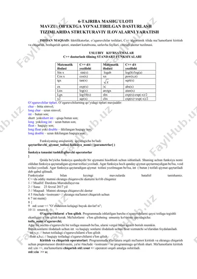 c++ dasturlash tilining standart funksiyalari — DOCX