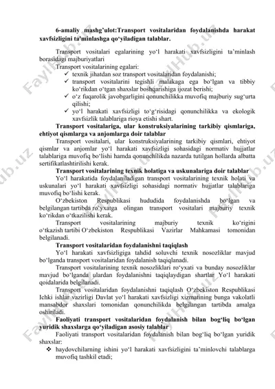 transport vositalaridan foydalanishda harakat xavfsizligini ta'minlashga qo‘yiladigan talablar — DOCX