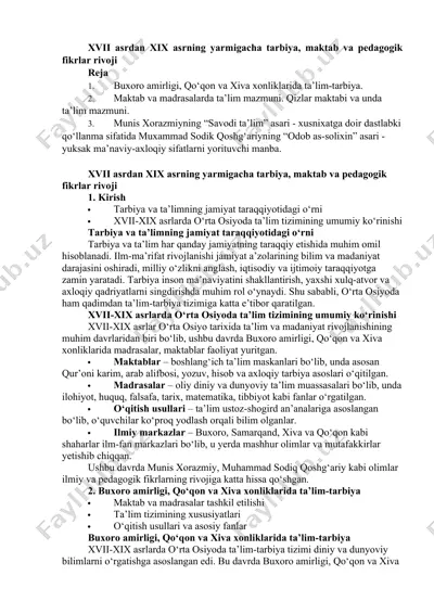 xvii asrdan xix asrning yarmigacha tarbiya, maktab va pedagogik fikrlar rivoji — DOCX