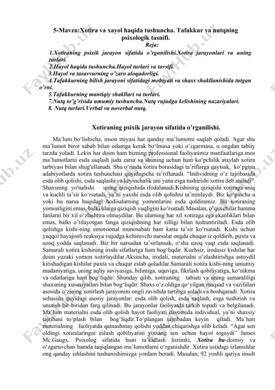 xotira va xayol haqida tushuncha. tafakkur va nutqning psixologik tasnifi — DOCX