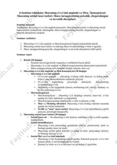 seminar ishlanma: shaxsning o'z-o'zini anglashi va men—konsepsiyasi — DOCX