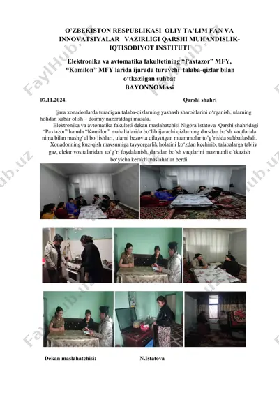 ijarada turuvchi talaba-qizlar bilan o‘tkazilgan suhbat bayonnomasi — DOCX