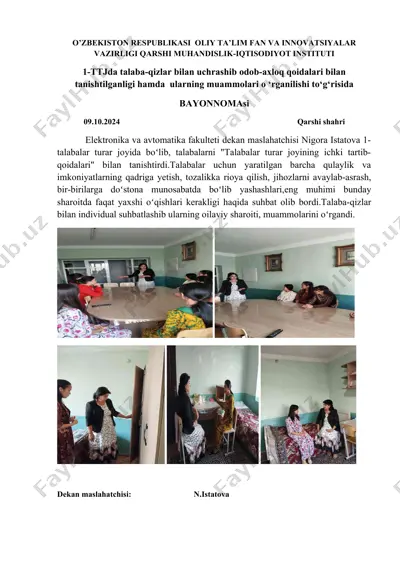 talaba-qizlar bilan uchrashib odob-axloq qoidalari bilan tanishtilganligi — DOCX