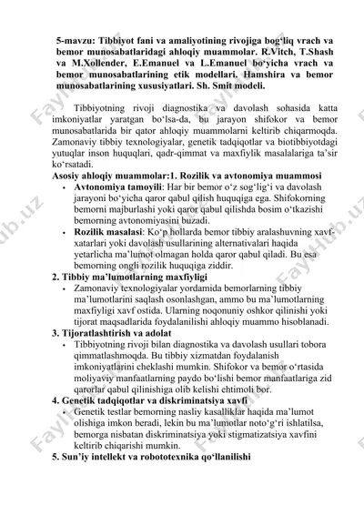 tibbiyot fani va amaliyotining rivojiga bog‘liq vrach va bemor munosabatlaridagi ahloqiy muammolar. — DOCX