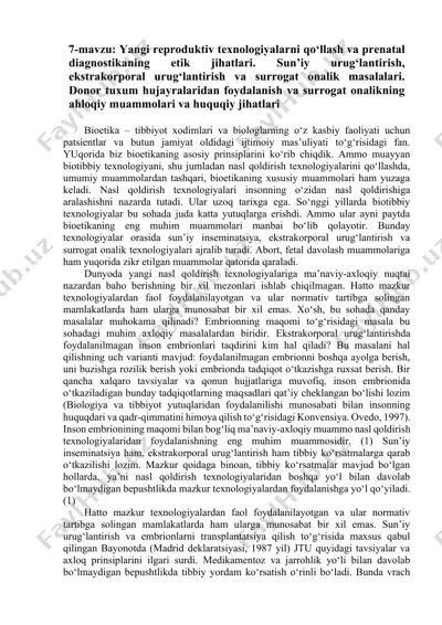yangi reproduktiv texnologiyalarni qo‘llash va prenatal diagnostikaning etik jihatlari — DOCX