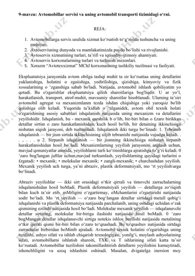 avtomobillar servisi va uning avtomobil transporti tizimidagi o‘rni — DOCX