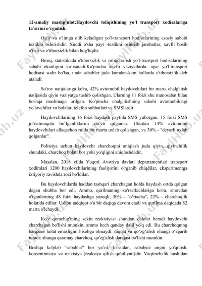**haydovchi toliqishining yo’l transport xodisalariga ta’sirini o’rganish** — DOCX