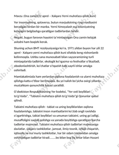 ona zamin (22 aprel – xalqaro yerni muhofaza qilish kuni) — DOCX