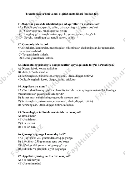 tekhnologiya ta’limi va uni o‘qitish metodikasi fanidan test — DOCX