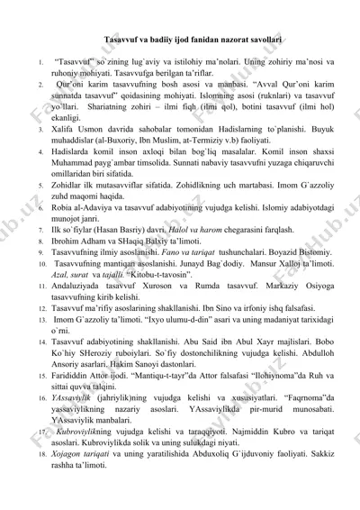 tasavvuf va badiiy ijod fanidan nazorat savollari — DOCX