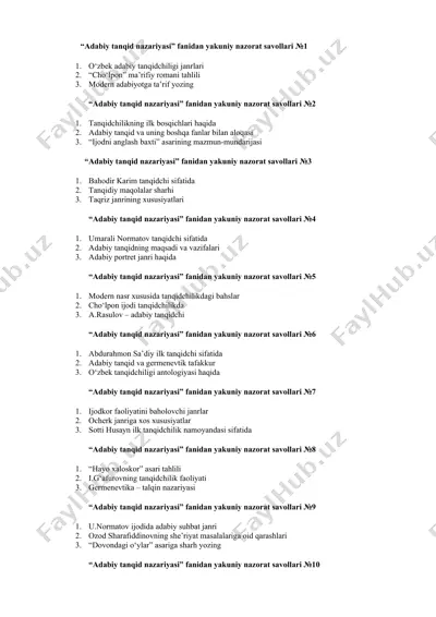 adabiy tanqid nazariyasi fanidan yakuniy nazorat savollari №1 — DOCX