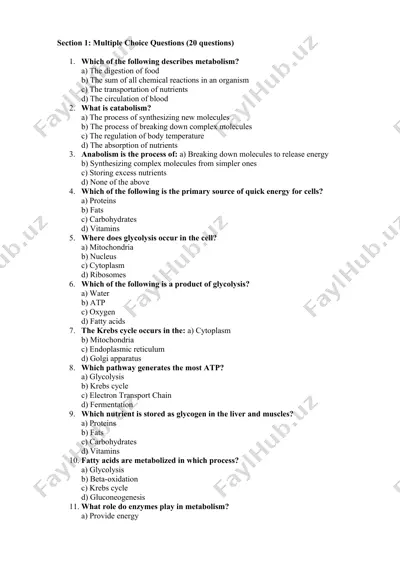 metabolism multiple choice questions — DOCX