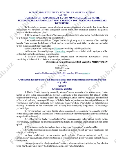 o‘zbekiston respublikasi ta’lim muassasalarida mobil telefonlardan foydalanish tartibga solish chora-tadbirlari qarori — DOCX