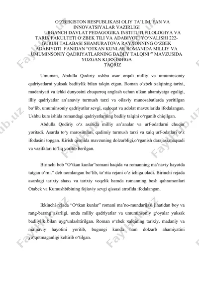 "o‘tkan kunlar" romanining ma’nosi va mundarijasi — DOCX