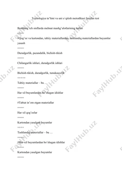 texnologiya ta’limi va uni o`qitish metodikasi fanidan test — DOCX