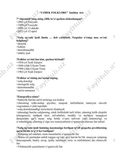 uzbek folklore fanidan test — DOCX
