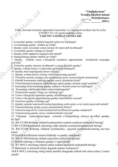 elektr mexanik tizimlarni apparatlari elementlari va o‘zgartgich texnikasi. — DOCX