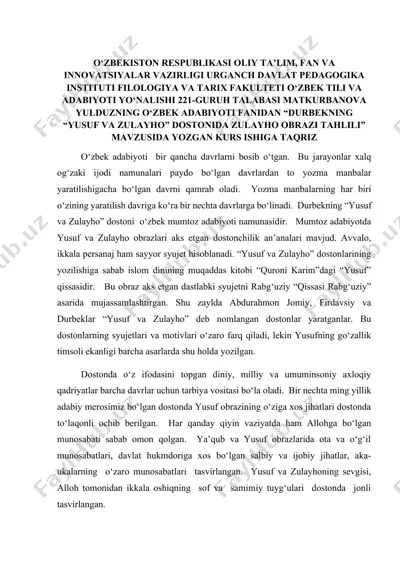"durbekning yusuf va zulayho dostonida zulayho obrazining tahlili" — DOCX