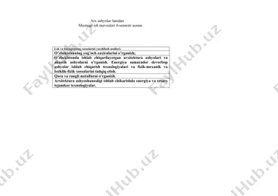 lok va buyoqlarning xossalarini yaxshilash usullari; o’zbekistonning yog’och zaxiralarini o’rganish; o’zbekistonda ishlab chiqarilayotgan arxitektura ashyolari va akustik ashyolarni o’rganish. energiya samarador devorbop ashyolar ishlab chiqarish texnologiyalari va fizik-mexanik va issiklik-fizik xossalarini tadqiq etish. qora va rangli metallarni o’rganish. arxitektura ashyoshunosligi ishlab chikarishda energiya va resurs tejamkor texnologiyalar. — DOCX