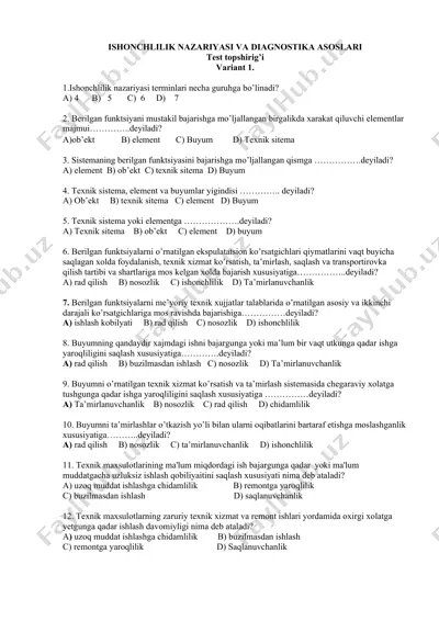ishonchlik nazariyasi va diagnostika asoslari testi — DOCX