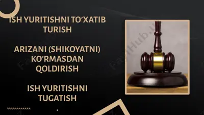 ish yuritishni to'xatib turish. arizani (shikoyatni) ko'rmasdan qoldirish. ish yuritishni tugatish — PPTX