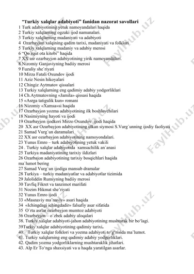 turkiy xalqlar adabiyoti fanidan nazorat savollari — DOCX