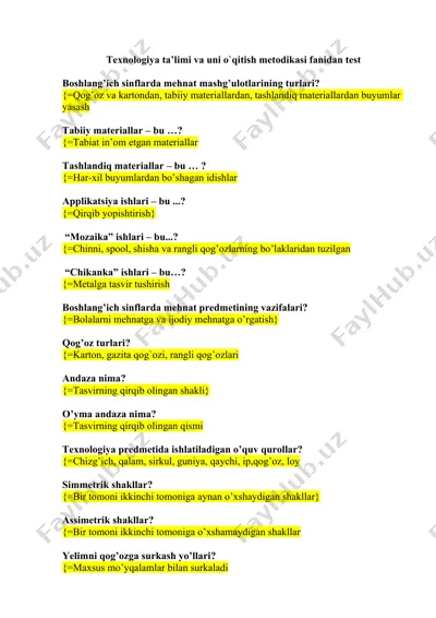 texnologiya ta’limi va uni o`qitish metodikasi fanidan test — DOCX