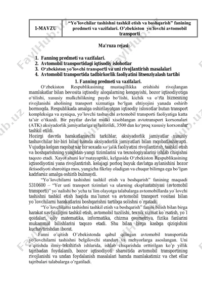yoʻlovchilar tashishni tashkil etish va boshqarish fanining predmeti va vazifalari — PDF