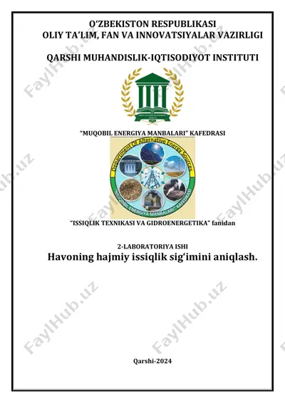 "havoning hajmiy issiqlik sigʻimini aniqlash laboratoriyasi ishi" — PDF