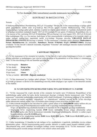 to‘lov-kontrakt (ikki tomonlama) asosida mutaxassis tayyorlash — PDF