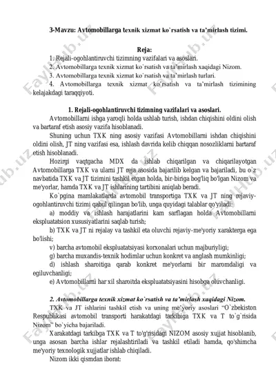 avtomobillarga texnik xizmat ko`rsatish va ta’mirlash tizimi — PDF