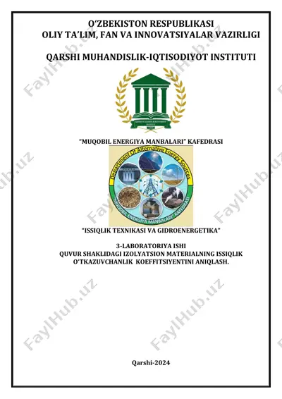quvur shaklidagi izolyatsion materialning issiqlik oʻtkazuvchanlik koeffitsientini aniqlash — PDF