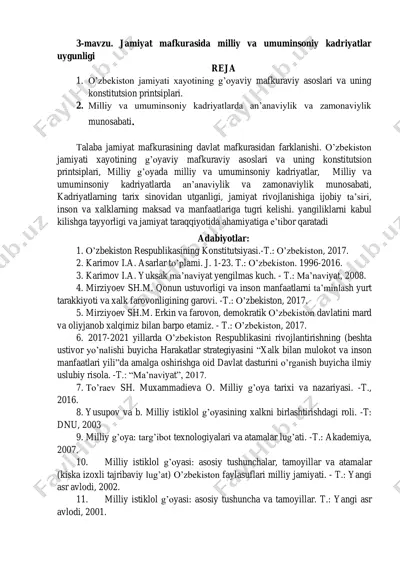 jamiyat mafkurasida milliy va umuminsoniy kadriyatlar uyg'unligi reja — PDF