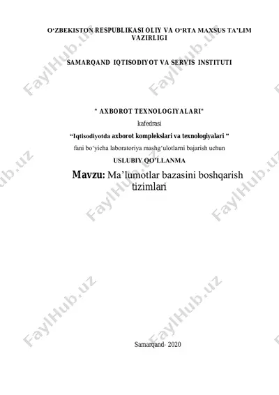 uslubiy qo'llanma "ma'lumotlar bazasini boshqarish tizimlari" — PDF