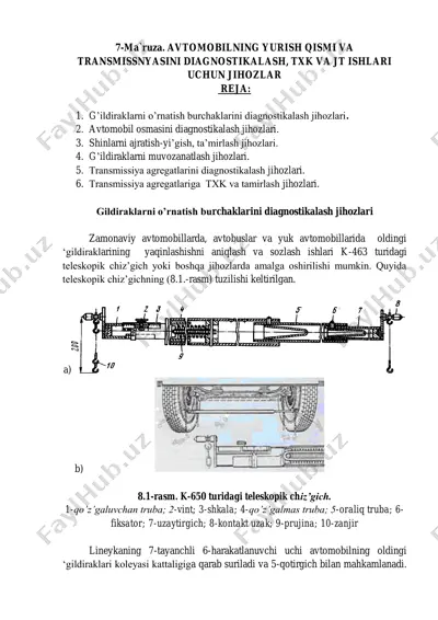 avtomobilning yurish qismi va transmissnyasini diagnostikalash, txk va jt ishlari uchun jihozlar — PDF