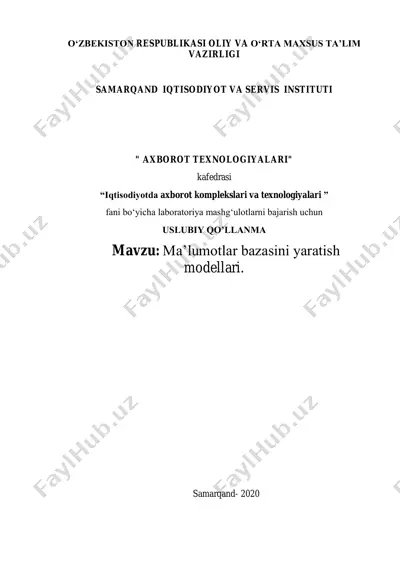 uslubiy qo'llanma "ma'lumotlar bazasini yaratish modellari" — PDF