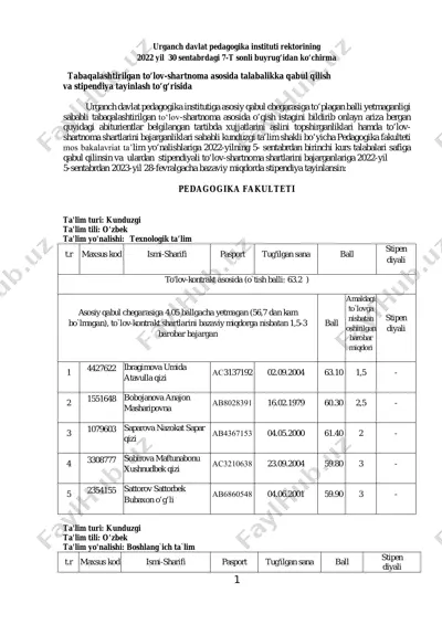 pedagogika fakulteti talabalari uchun stipendiya tayinlash shartlari — PDF