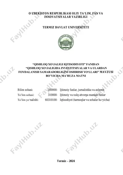 qishloq xo‘jaligida investitsiyalar va ulardan foydalanish samaradorligini oshirish yo‘llari — PDF