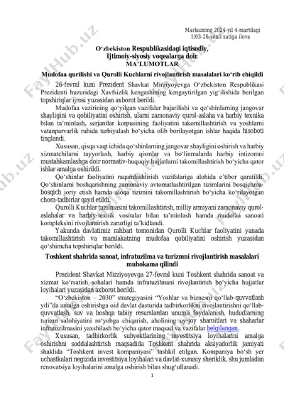 mudofaa qurilish va qurolli kuchlarni rivojlantirish masalalari haqida ma'lumotlar — PDF