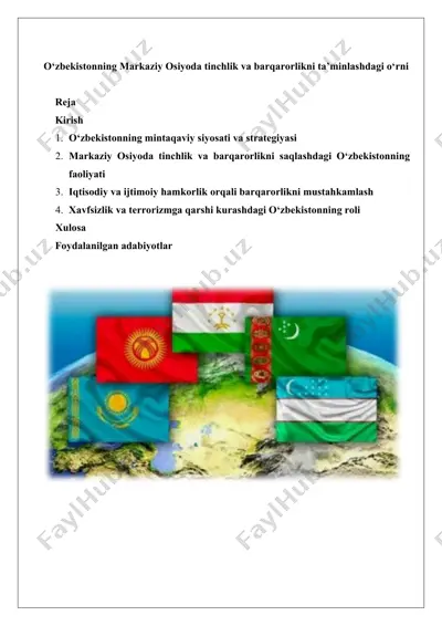 o‘zbekistonning markaziy osiyoda tinchlik va barqarorlikni ta’minlashdagi o‘rni — DOCX