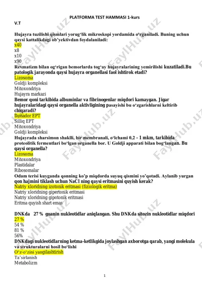 hujayra tuzilishi va organellalari testi — PDF