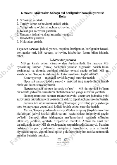 makroslar. sohaga oid berilganlar bazasini yaratish — PDF