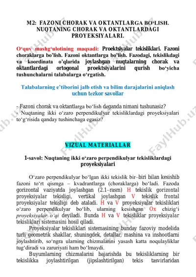 fazoni chorak va oktantlarga bo‘lish. nuqtaning chorak va oktantlardagi proyeksiyalari. — PDF