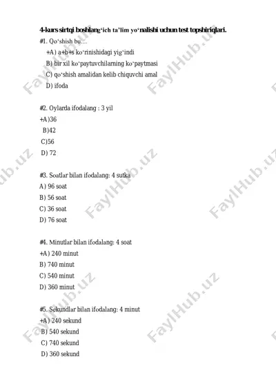 4-kurs sirtqi boshlang‘ich ta’lim yo‘nalishi uchun test topshiriqlari — PDF