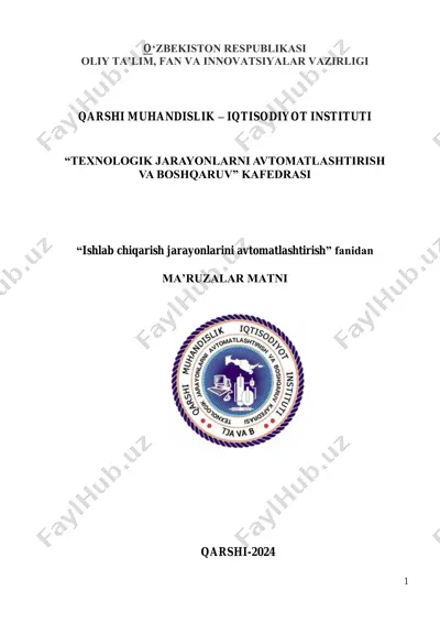 texnologik jarayonlarni avtomatlashtirish va boshqaruv ma'ruzalar matni — PDF