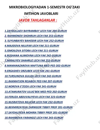 mikrobiologiyadan 1-semestr og’zaki imtihon javoblari — PDF