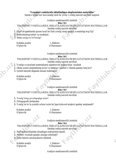 transport vositalarida ishlatiladigan ekspluatatsion materiallar oraliq nazorat savollari — PDF