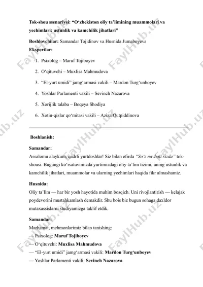 tok-shou ssenariysi: “o‘zbekiston oliy ta’limining muammolari va yechimlari: ustunlik va kamchilik jihatlari” — PDF